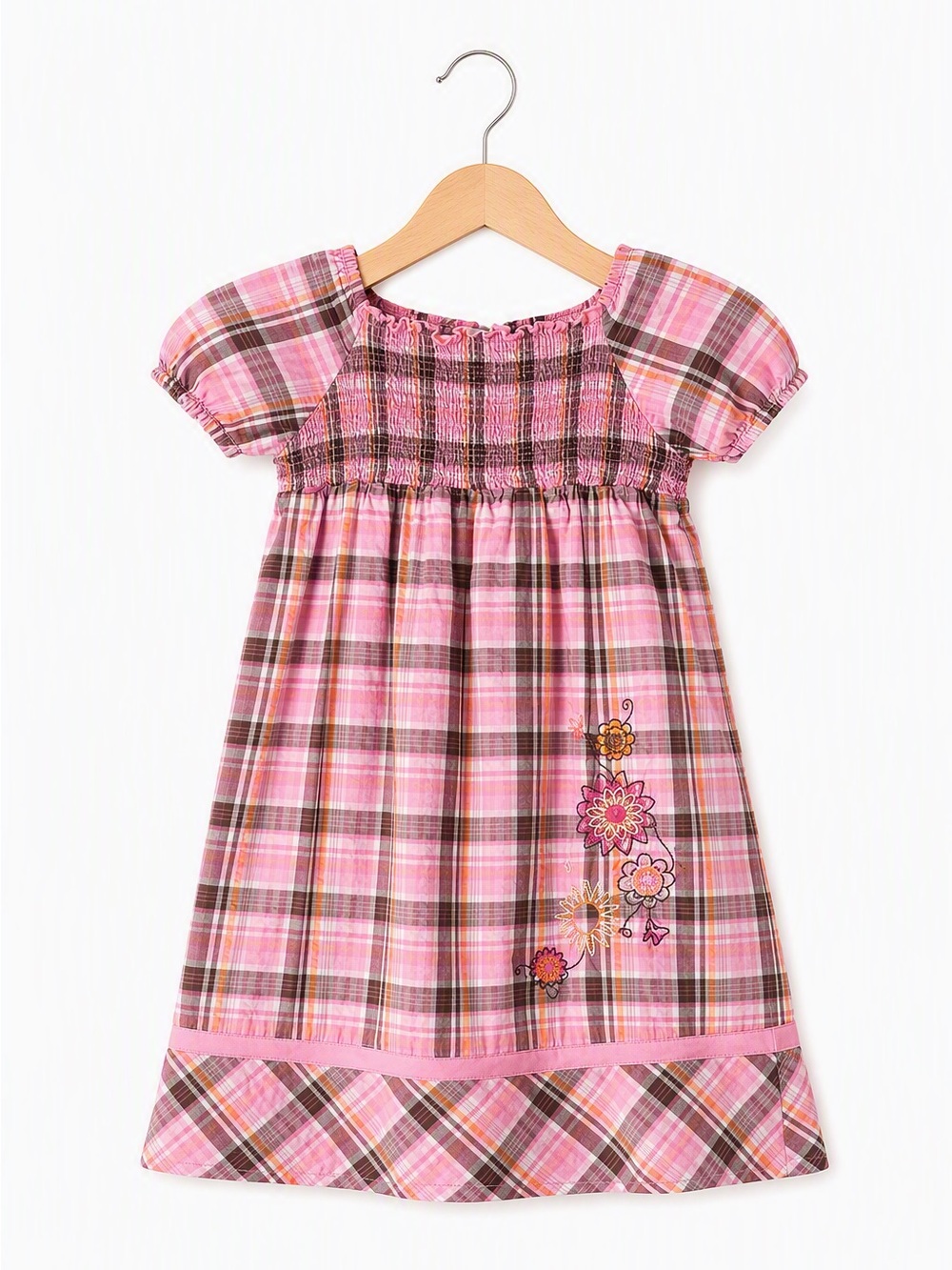 Vintage César & Rosalie Pink Brown Plaid Smocked Boho Dress Embroidered 4/5